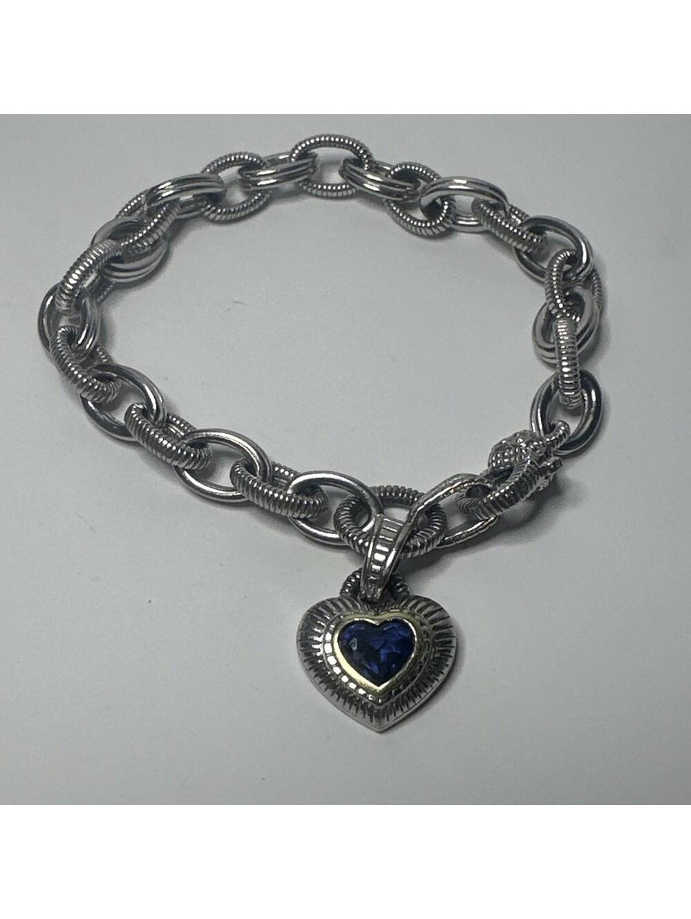 Judith Ripka 925/18K Gold Blue Stone Heart Charm Link Bracelet 6.75” -  Not QVC